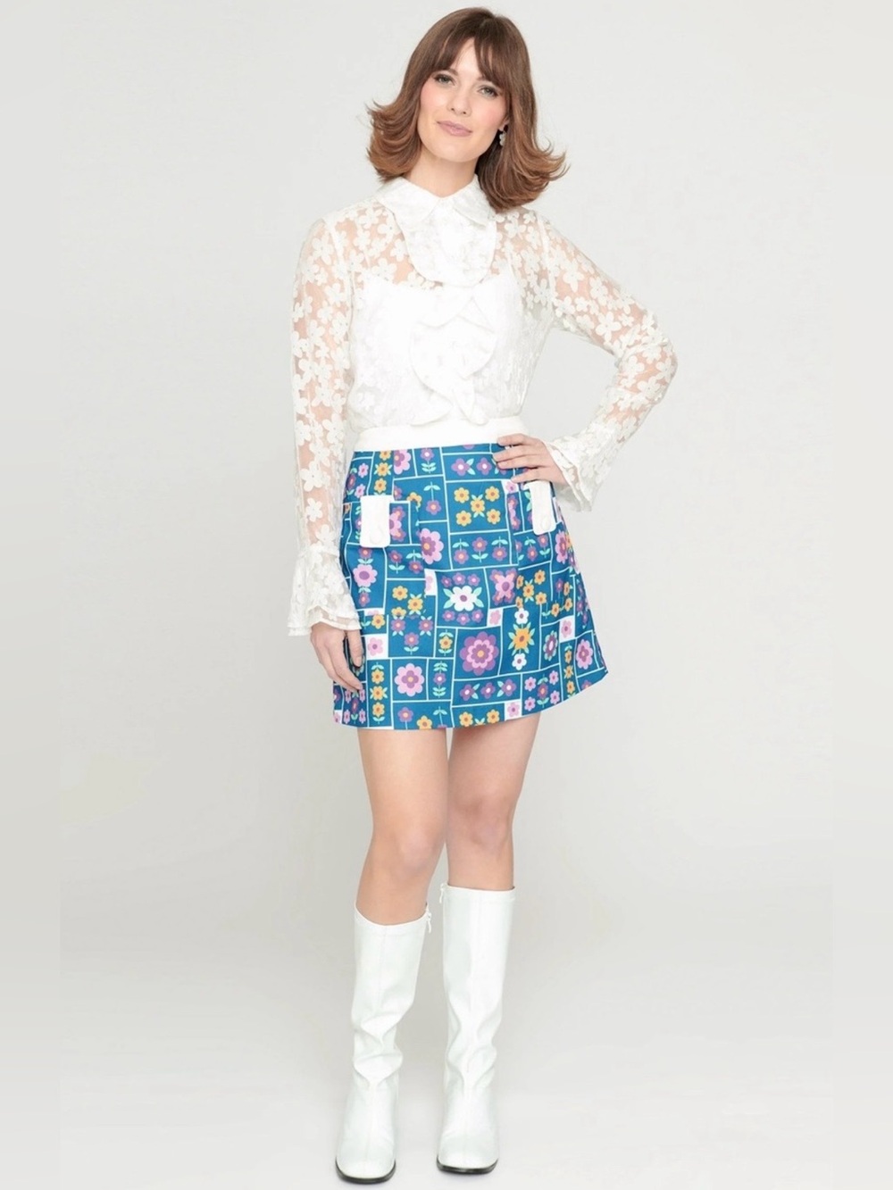 Smak Parlour x Unique Vintage 1960s Teal Wallpaper Floral Mini Skirt, Plus XXL - Picture 1 of 10